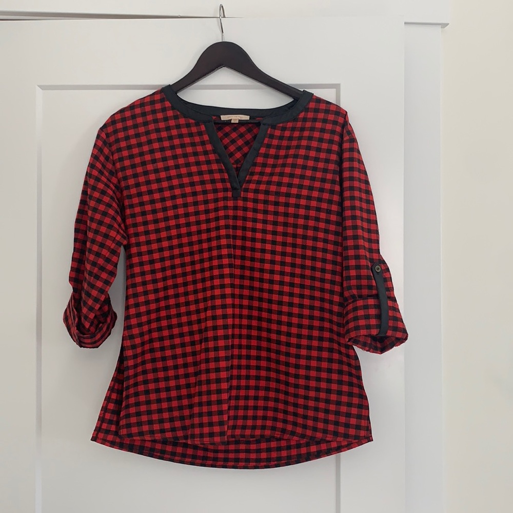Buffalo check top w leather detailing
